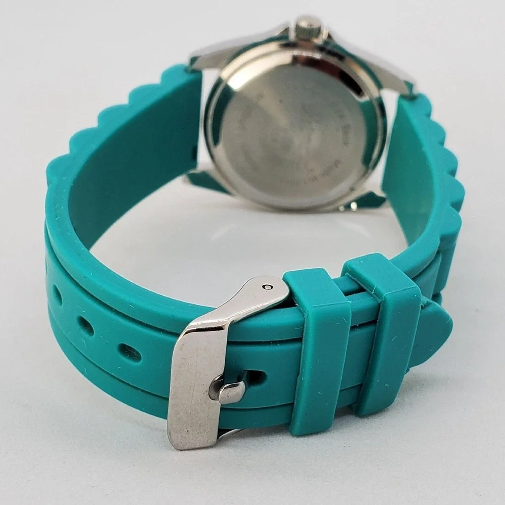 Bay Studio Women's Watch 31MM Gray Case Crystal Bezel Teal Plastic Bands NewBatt
